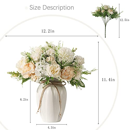 Jareling Peonies Artificial Flowers In Vase, Fake Hydrangea Silk Peony Flower Bouquet With Vase Faux Flowers Arrangement Decor Home Table Dining Room (White) #TOP2