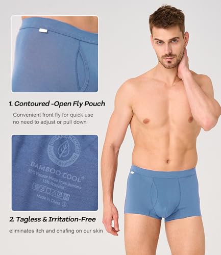 BAMBOO COOL Men's Trunks Underwear Soft Breathbale with Stretchy Full Coverage Waistband and Open Fly Pouch 4 Pack3