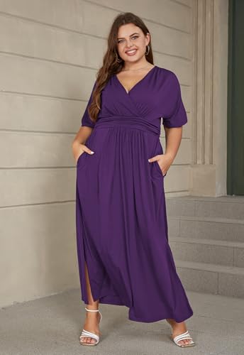 Image of Keluummi Plus Size Maxi Dress for Women Floral Empire Waist V-Neck 3 /4 Sleeve with Pockets