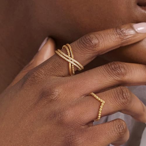 Double CZ Criss Cross Gold Rings for Women,14K Gold Plated CZ Cross Ring | Eternity Promise Ring for Her | Infinity Wedding Band Ring Size 6/7/84