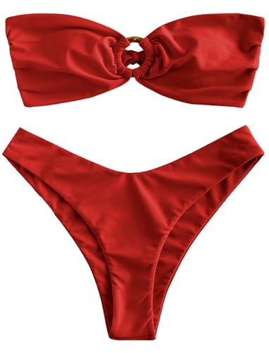 Image of ZAFUL Women's Bandeau Bikini O Ring Strapless Tie Back High Cut Two Piece Swimsuit Bathing Suits