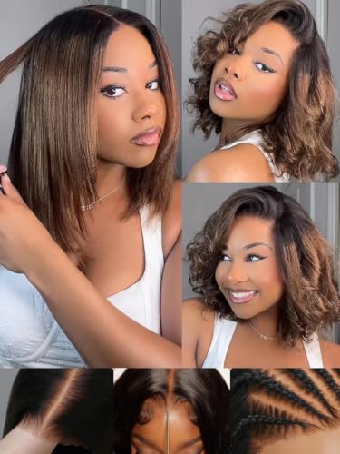 Image of Sunber Chestnut Brown Ombre Yaki Straight Bob Drawstring Wig Human Hair No Slip Glueless 7x5 HD Lace Front Wig Pre Cut Pre Plucked Bleached Knots Ready to Wear Short Yaki Bob Wig 10 Inch
