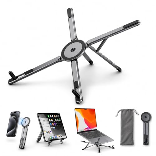 Image of Foldable 4 in 1 Laptop Stand with 7 Level Height Adjustment | Vlogging Magnetic Selfie Stick| Mobile & Tablet Stand | Aluminium Body | Supports Upto 10kg & 11 inch to 16 inch | Free Carry Bag