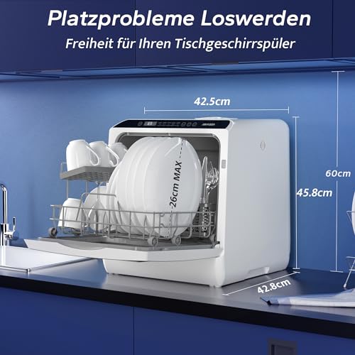 AIRMSEN Mini Geschirrspüler Tischgeschirrspüler mit 5+1 Programme 5L Wassertank, 2 Wege Wasserversorgung, Touch Control & LED-Display, Geeignet für Hausküchen, Wohnungen, Schlafsäle, Weiß & Schwarz