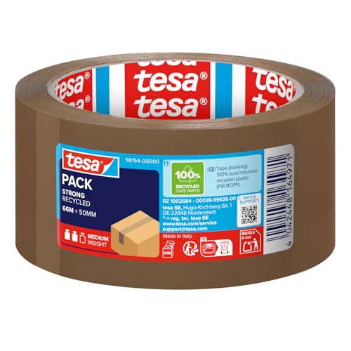 tesa pack STRONG RECYCLED - Paketklebeband aus 100% recyceltem Kunststoff Klebeband für mittelschwere Pakete - UV- und alterungsbeständig - Braun - 66 m x 50 mm