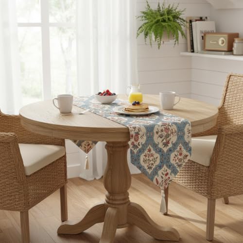 Image of COZY FURNISH Reversible Floral Dining Table Runner - Microfiber Cotton Decorative Runner with Tassels for 6 Seater Table & Bed (13x72 Inches)