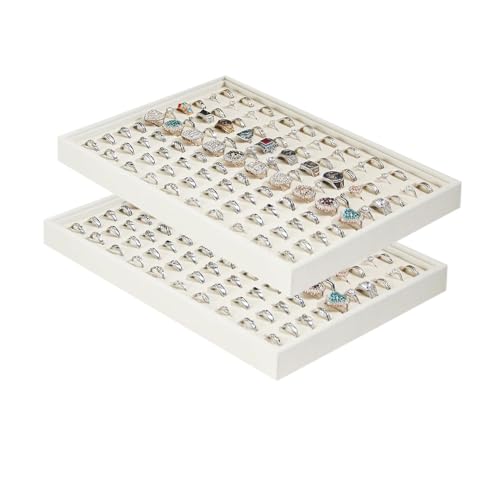 Justsoso 2pcs/Set Stackable Beige Velvet Ring Jewelry Tray, Large Storage Case for Rings Display, Jewellery Organizer Box for Home Drawer or Shop Store Selling Show