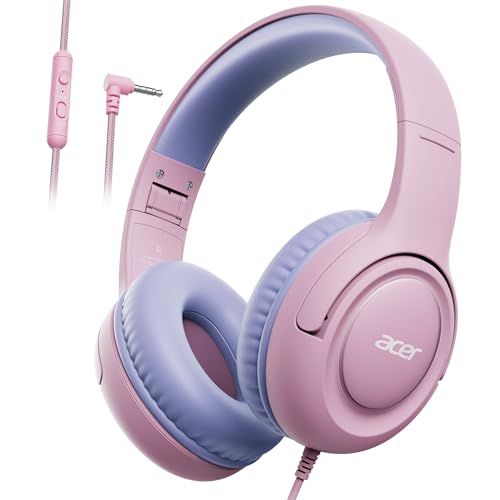 acer Kids Headphones Wired for School - Over-Ear 85/94dB Volume Limiter 3.5mm Jack Foldable Stereo Sound Headset for Toddlers Girls Boys Travel Learning Entertainment Tablet Kindle iPad PC,Pink Purple