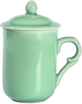 Handmade Celadon Coffee Mugs with Lid 10oz Porcelain Teacups Green