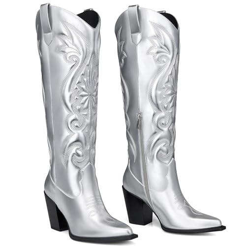 CELLENZ Women High Cowboy Boots: Pointed Toe Knee High Boots - Silver Chunky Heels Cowgirl Boot - Wide Calf Comfortable Western Tall Boots Size 8