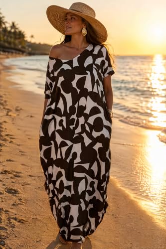 Image of Women Summer V Neck Loose Side Split Maxi Dresses with Pocket