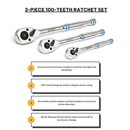 Neiko 03000A 100-Tooth Quick-Release Ratchet-Wrench Set, 1/4-Inch-, 3/8-Inch-, And 1/2-Inch-Drive Ratchets, 3.6-Degree Swing, Crmo Steel, 3-Piece Set #TOP1