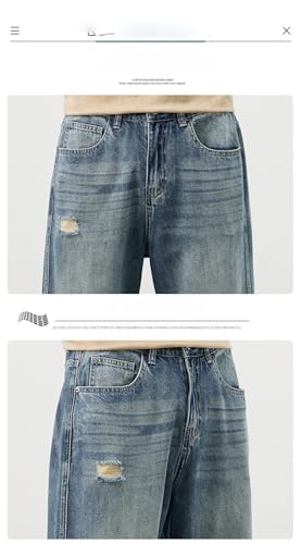 Men Ripped Jeans Straight Korean Trousers Casual Loose Wide Breathable Denim Jeans Blue 343
