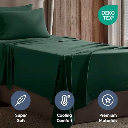 Image of Nestl Twin Bed Sheet Set - Dark Green - 3-Piece Deep Pocket | Instantly Soft, Night-One Ready (No Wash Required). Fits 16-Inch Deep Pockets, 360-Degree Elastic Grip