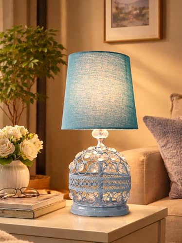 Image of Modern Small Crystal Table Lamp,Contemporary Bedroom Bedside Nightstand Lamp,Morden Minimalist, Desk Globe Lamp for Living Room Girls Kids Room, White Fabric Shade (Blue)