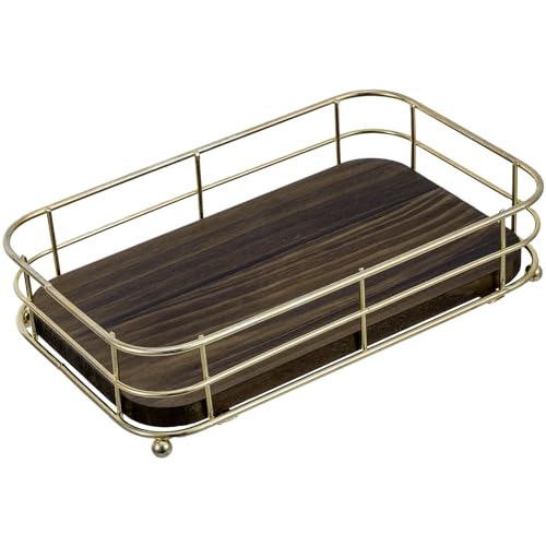 MyGift Deluxe Vintage Brass Tone Metal Wire Bathroom Folded Paper Towel Holder with Rustic Burnt Solid Wood Base, Tabletop Disposable Guest Hand Towel Dispenser Tray