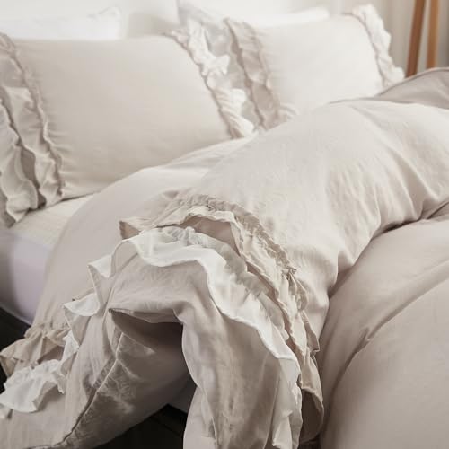 Herside Grey Ruffle Duvet Cover King Boho Bedding 2 Layers Beige White Ruffle Design Shabby Chic Bedding Sets 1 Quilt Cover 2 Pillowcases (White-Beige Grey - Image 4