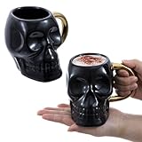 MyGift Set of 2 Skull Mug with Handles, Gothic Novelty Drinkware Skull Black Glazed Ceramic Mugs with Gold Tone Handles, Halloween Themed Skeleton Head Mugs