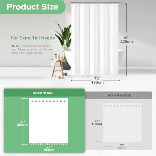Dynamene Extra Long Shower Curtains, 90 Inches Long Boho Tufted Geometric Striped Fabric Shower Curtains for Bathroom, Tall Shabby Chic Waterproof Cloth Shower Curtain Set with Hooks, White, 72x90 by Dynamene - Used condition - Image 3
