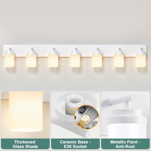 Image of IZORRO Bathroom Light Fixture White, White Glass Shade 52-Inch 7-Light