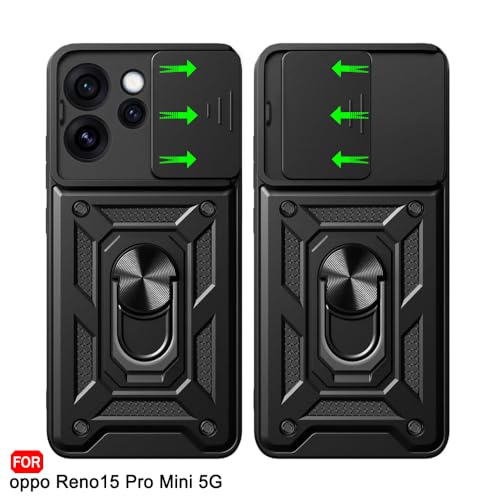 Image of TheGiftKart Tough Armor Bumper Back Cover Case for Oppo Reno 15 Pro Mini 5G | Sliding Camera Cover, Kickstand & Ring Holder | 360 Degree Protection Back Cover for Reno15 Pro Mini 5G (PC & TPU, Black)
