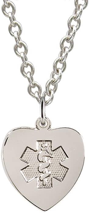 AMERICAN MEDICAL ID – Sterling Silver Heart Charm Necklace – Women's Medical Alert ID Necklace – 4 Lines of Personalized Engraving Included