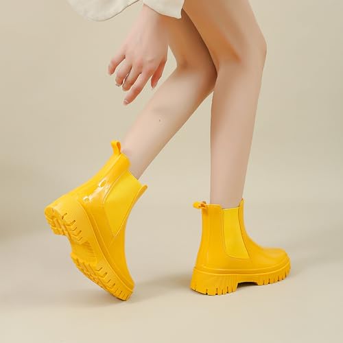 Gummistiefel Damen Halbhoch Anti-Rutsch Wasserdichte Gummistiefeletten Mit ElastikeinsäTzen Atmungsaktiv Freizeitschuhe (Gelb, Erwachsene, Damen, 38.5, Numerisch, EU Schuhgrößensystem, M)