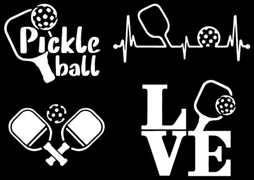 Image of Pickleball Decals 4 Pack: Pickle Ball, Pickleball Heartbeat, Paddles and Pickleball, Love Pickleball Decals (White, Large ~5 inch)