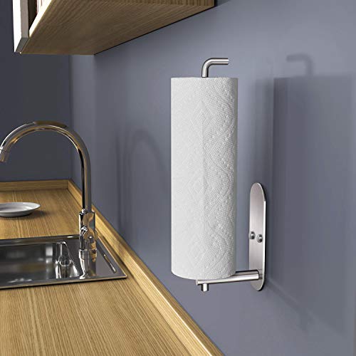 Image of VAEHOLD Self Adhesive Paper Towel Holder Under Cabinet Mount, Wall Mounted Paper Towel Roll Holder for Kitchen, Bathroom, Wall - SUS304 Stainless Steel (Silver)