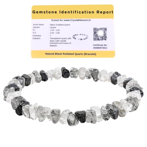 Image of Certified Black Rutilated Quartz Bracelet for Women Men with Healing Crystal and Reiki Stone - Beautiful Gemstone Beaded Bracelet for Balance, Harmony & Positive Energy (Chips Stone Beads)