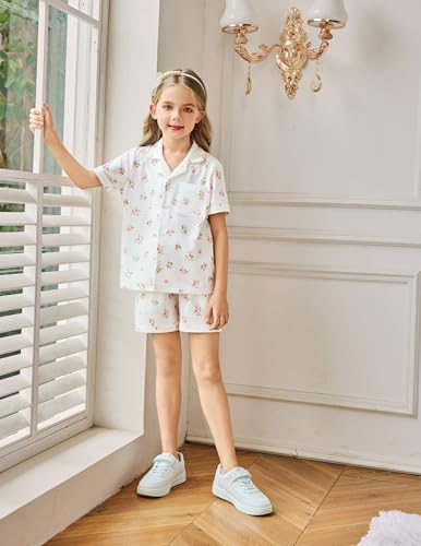 Image of Arshiner Girls Pajamas Sets Short Sleeve Kids Pjs Button Down Sleepwear | Cute Printed Pajamas for Little & Big Girl, Lightweight Comfy Fabric, 2-Piece Outfits, Perfect for Lounge Pajamas Party