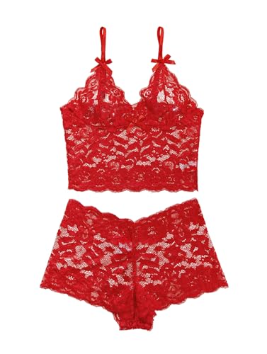 Image of Lilosy Sexy Sheer Floral Lace Pajamas Lingerie Set High Waist Sleepwear Bra and Panty 2 Piece Nightwear