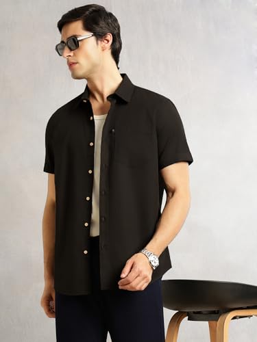 Image of Thomas Scott Men's Premium Slim Fit Casual Shirt | 100% Cotton Twill | Short Sleeves | Spread Collar | Solid Smart Casual Shirt for Men
