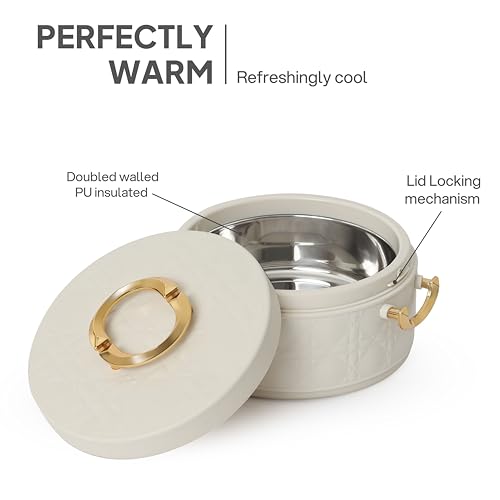 Image of CELLO Ornetto 2000 Insulated Serving Casserole 2000 ml Beige | Food Grade, Double Walled, PU Insulated | Hot Pot Case Keeps Food Fresh & Hot for Long Hours | Casserole Set for Roti, Chapati, Rice