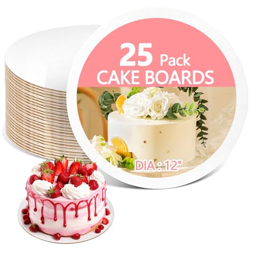 WAWINY 25PCS Cake Board Circle 12 Inch,2mm Card Drums Plate Bases,Food Grade & Oil-Resistant,For Cake Display Baking Party Birthday Wedding Pizza