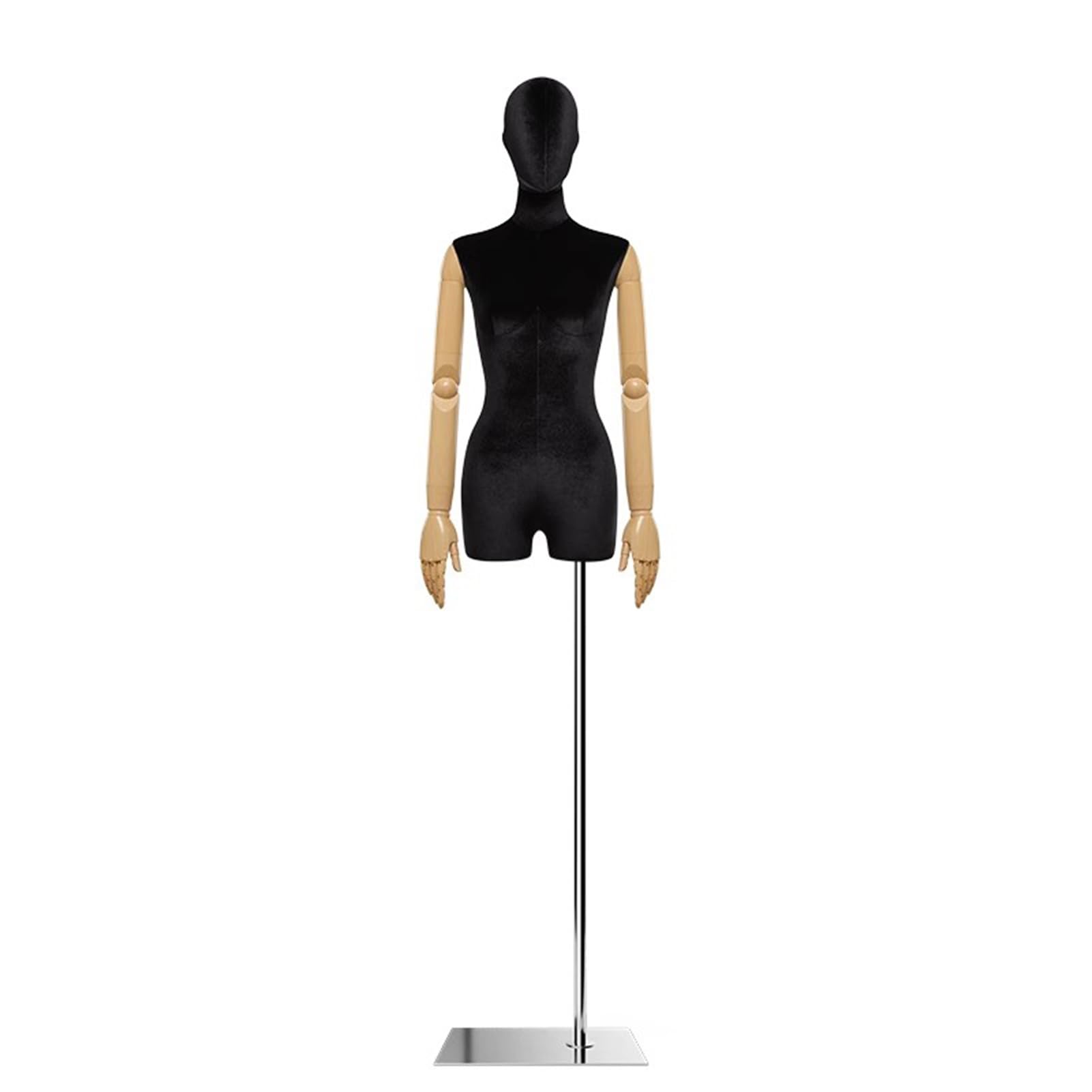 Seksowne Manekiny Do Sprzedaży Detalicznej Z Metalowym Stojakiem, Drewniane Ramiona Z Możliwością Obrotu I Pozowania, Regulowana Wysokość 152-192 Cm, Aksamitny Tors, Czarny, Kwadratowy