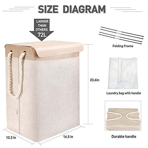 Gzmxm Laundry Basket Hamper With Lid And A Removable Bag 72L Large Collapsible Laundry Baskets Dirty Clothes Hamper With Detachable Rods, Foldable Washing Bin For Clothes And Toys - Beige #TOP4