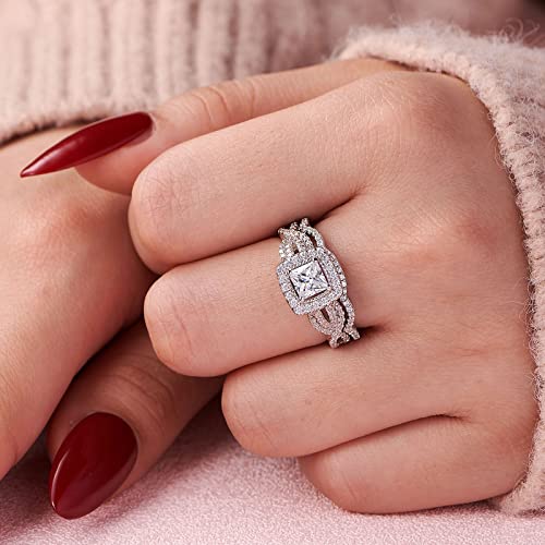 Wuziwen Halo Wedding Ring Sets for Women S925 Silver Engagement Rings Wedding Band Set for Her CZ4