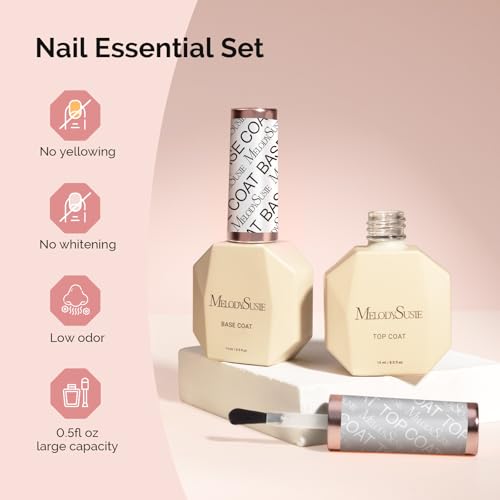 Image of MelodySusie Top Coat Base Coat No Wipe Glossy Set Long Lasting Shine Finish Soak Off UV LED Nail Lamp Nail Polish Art Design Manicure Kit Perfect Gifts for Women Girls 2 Pcs 15ml Clear