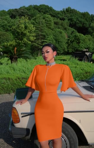Image of Memoriesea Women's Basic Bodycon Ruffle Flared Short Sleeve Pencil Midi Dress