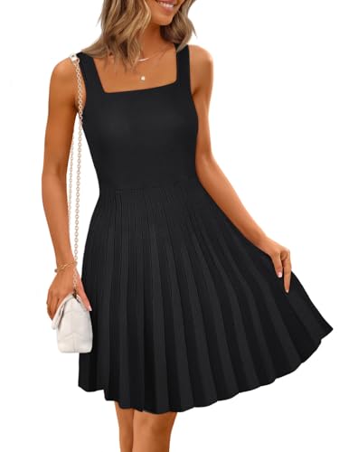 MEROKEETY Women's Summer Strap Square Neck Mini Dress Sleeveless Pleated A Line Swing Sweater Dress, Black, Small