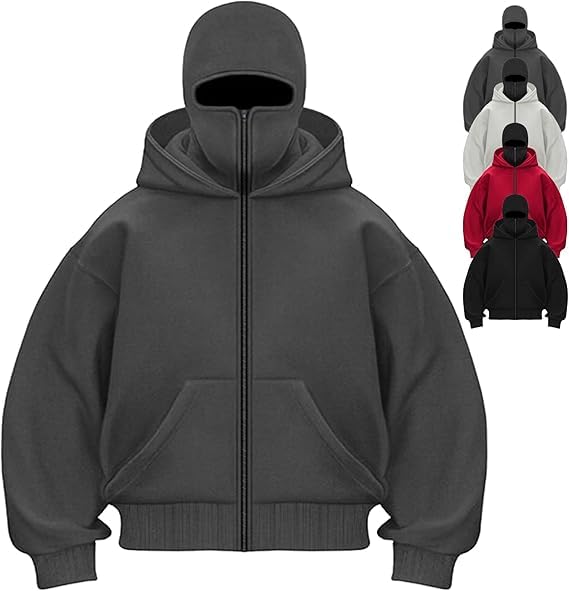 Cltopsku y2k hoodies,Black Shiesty Zip Up Hoodie,Sheisty Hoodie with Face Mask Built in Balaclava,Ski Mask Elusive Balaclava Hoodies for Men XXL