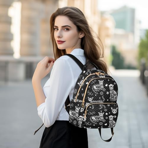 Image of Women Fashion Backpack Purse Death Cat Rucksack, S | Casual Lightweight Quilted Daypack Ladies Bag for College Travel Work