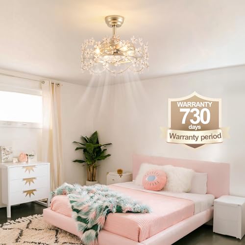 Image of 20 inch Gold Fandelier Ceiling Fan with Light, Flower Crystal Chandelier Ceiling Fan with Light and Remote Control, Modern Caged Enclosed 6 Speeds for Girl's Bedroom, Nursery, Living Room