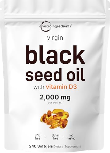 Micro Ingredients Black Seed Oil with Vitamin D3 1000 IU 240 Softgels | 2 000 mg Black Seed Oil Per Serving | Nigella Sativa Oil | 2-in-1 Unrefined Seed Oil Formula | Non-GMO cGMP Manufactured