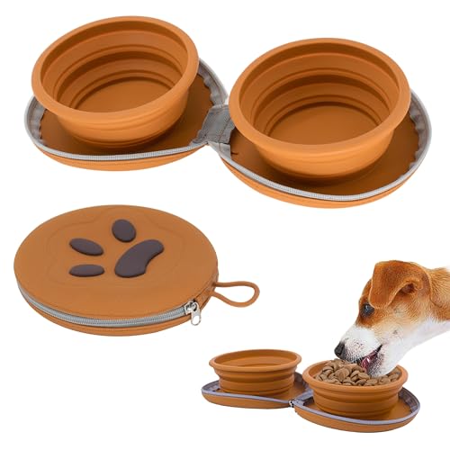 PawSailor Collapsible Dog Bowls, 2-in-1 Pet Portable Travel Double Bowl Water Food Feeder Traveling Camping & Walking 25oz Brown