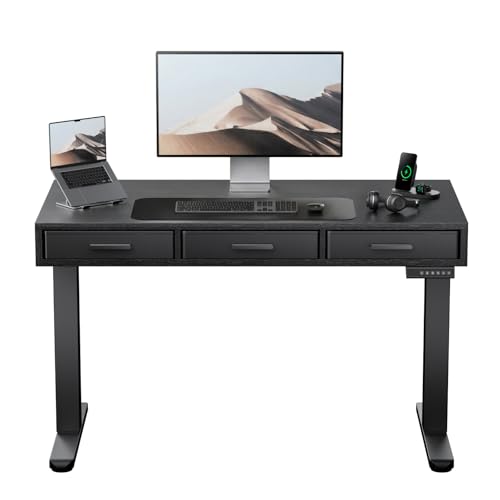 HUANUO Electric Standing Desk with Drawers, C-Clamp Mount Compatible, 40 x 22 Inch Height Adjustable Sit Stand Desk, Fabric Drawers, Home Office Stand Up Desk with 4 Custom Height Settings, Black