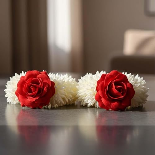 Image of Alvero Handcrafted Artificial Flower Gajra for Women & Girls, Festive Wedding Red Rose & White Jasmine Hair Gajra for Bun, Handmade Scented Floral Juda - 8 x 8 x 3.5cm (Pack of 4 Piece)