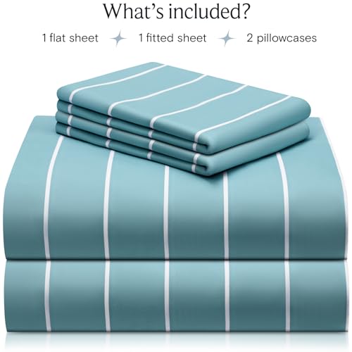Image of LuxClub 4 PC Full Size Sheet Set, Breathable Luxury Bed Sheets, Deep Pockets 18 inch Wrinkle Free Cooling Machine Washable Hotel Bedding (Striped Light Blue)