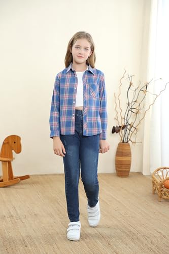 Betusline Girls' Flannel Plaid Shirt Button Down Long Sleeved Shirts3